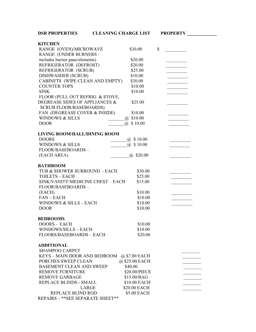 Dsr Properties Cleaning Charge List Property ______