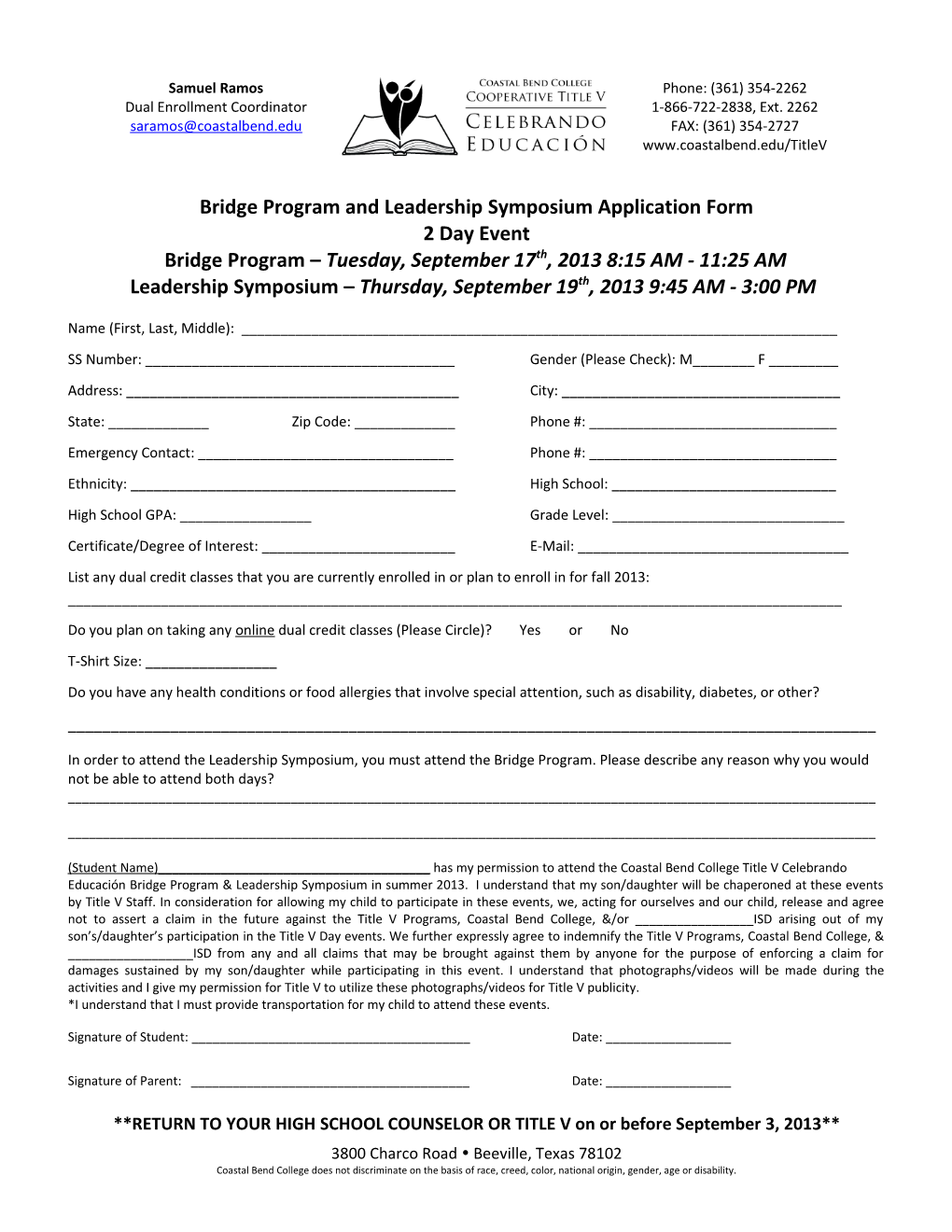 Bridge Program and Leadership Symposium Application Form