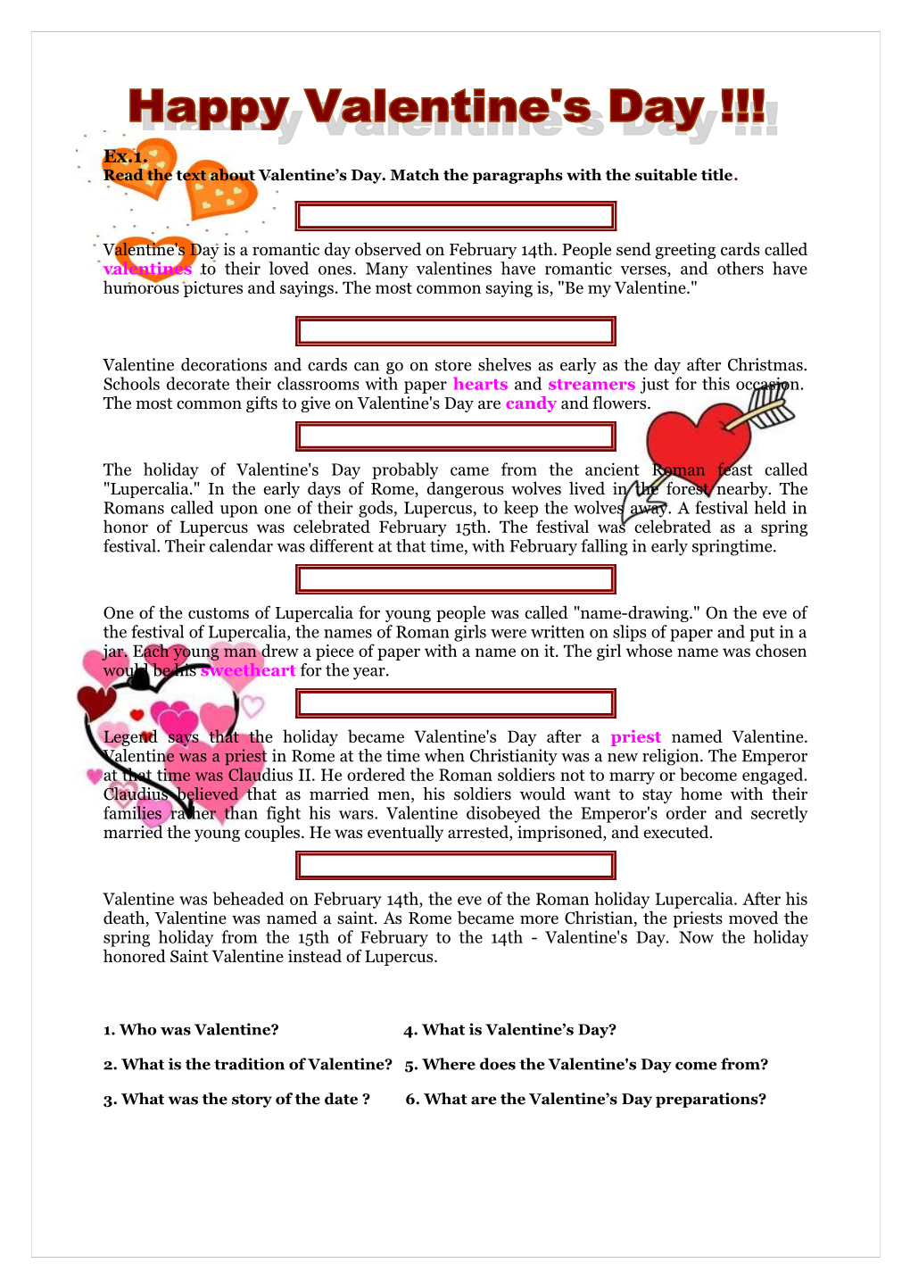 Read the Text About Valentine S Day. Match the Paragraphs with the Suitable Title