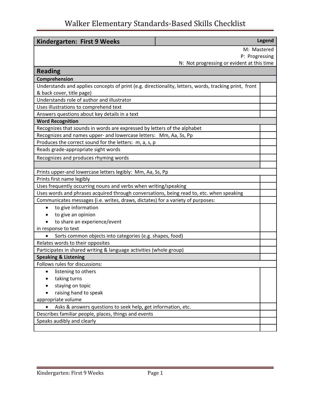 Walker Elementary Standards-Based Skills Checklist