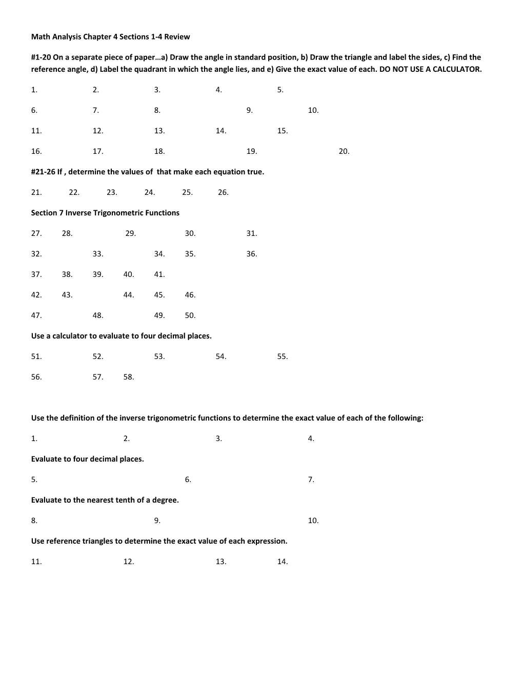 Math Analysis Chapter 4 Sections 1-4 Review