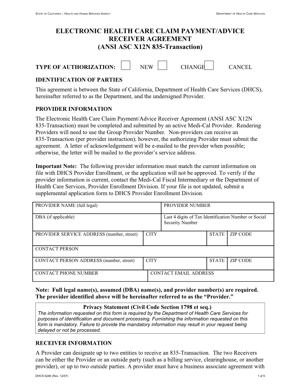 Form: Electronic Health Care Claim Payment/Advice Receiver Agreement (ANSI ASC X12N 835 Transaction)