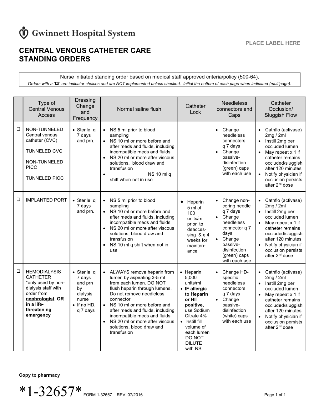 Central Venous Catheter Care Standing Orders