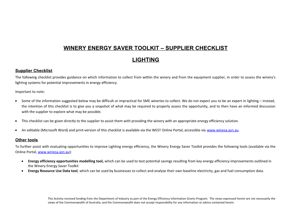 Winery Energy Saver Toolkit Supplier Checklist
