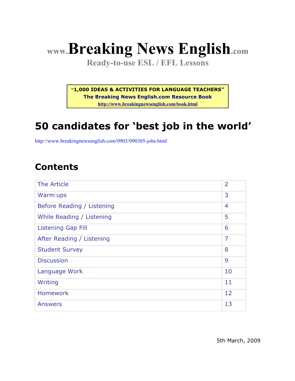 ESL Lesson: 50 Possibles For ‘Best Job In The World’