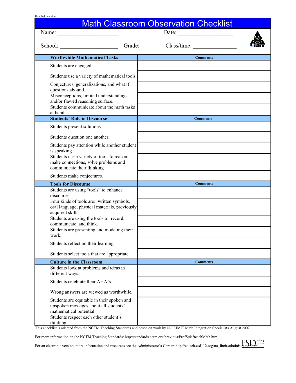 Math Classroom Observation Checklist