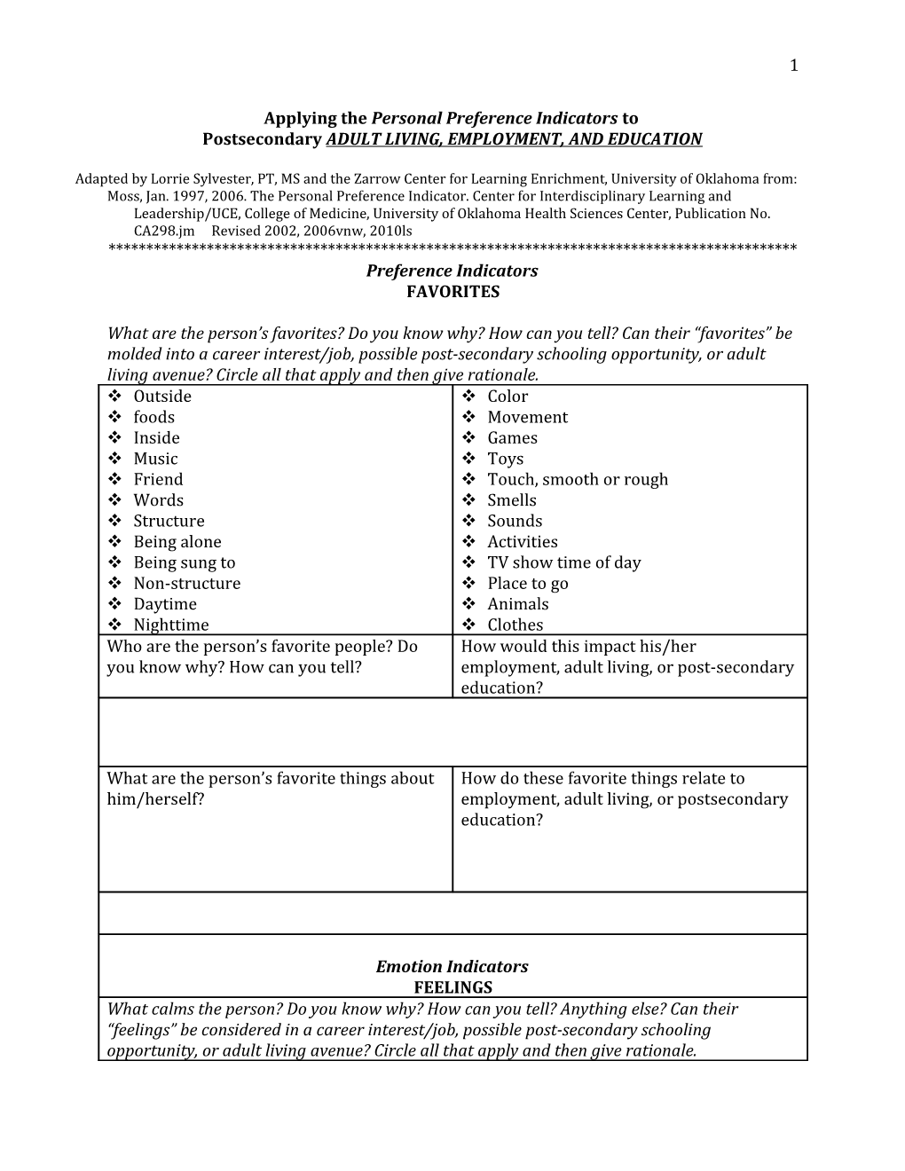 Applying the Personal Preference Indicators To