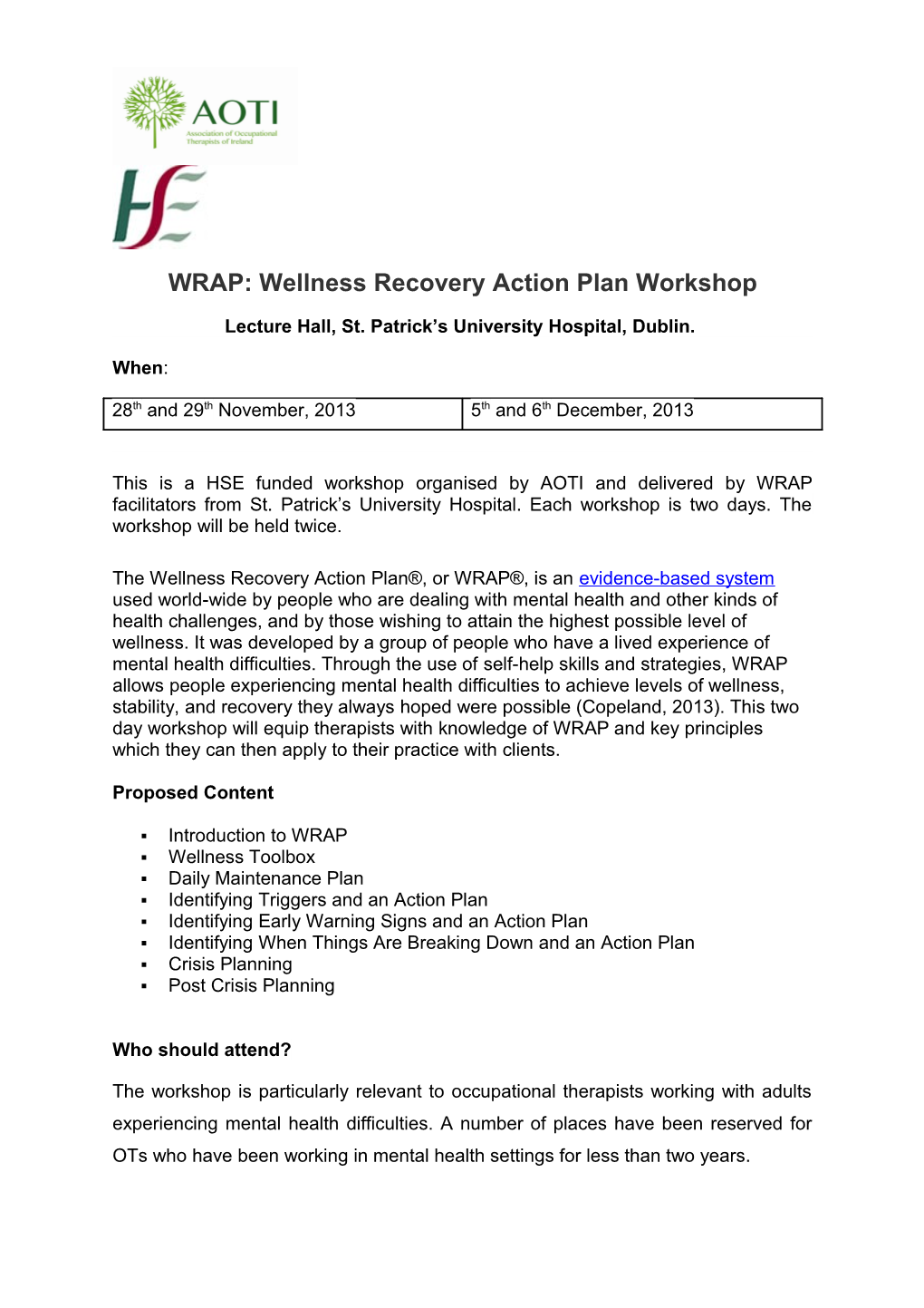 WRAP: Wellness Recovery Action Plan Workshop