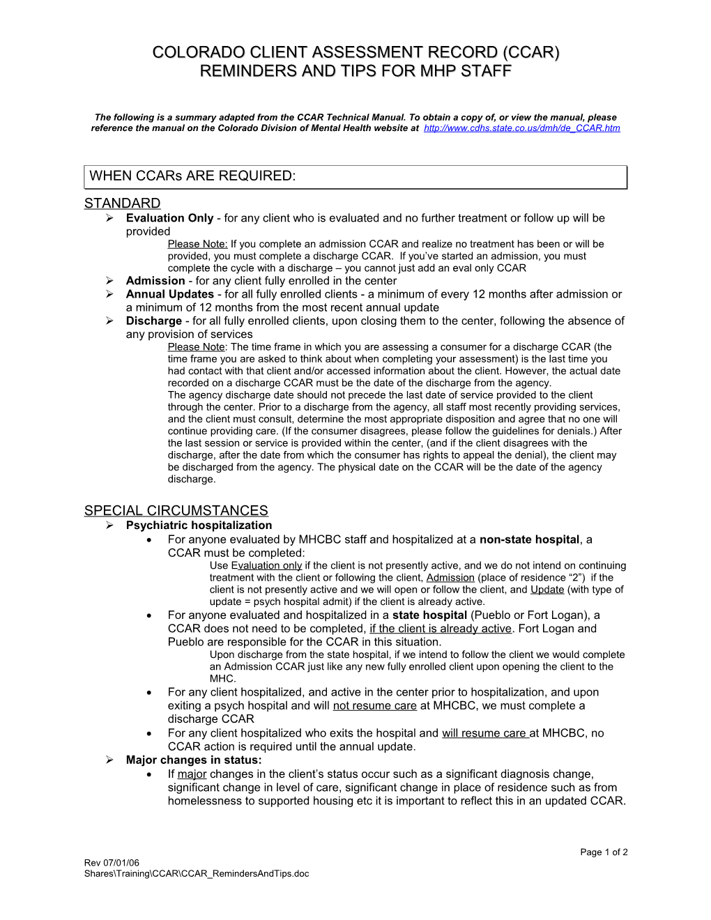 Colorado Client Assessment Record (Ccar)