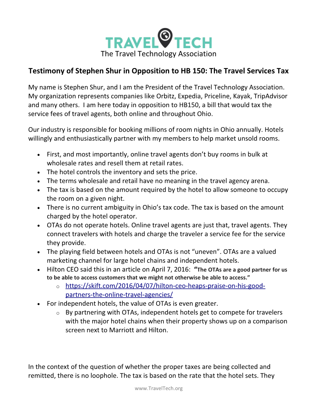 Testimony of Stephen Shur in Opposition to HB 150: the Travel Services Tax