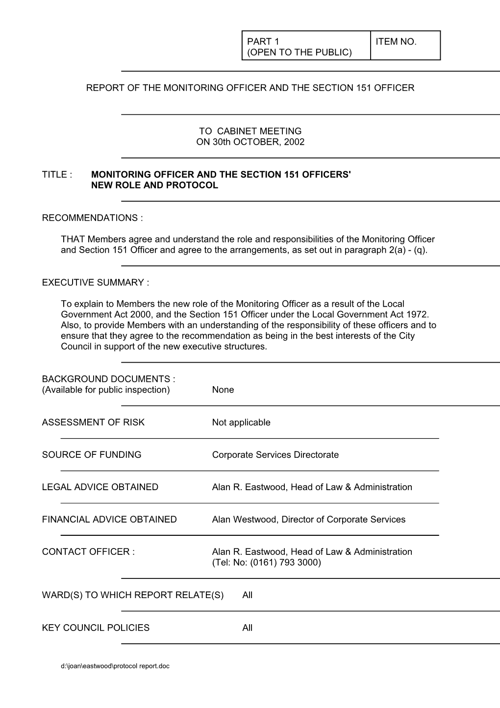 Report of the Monitoring Officer and the Section 151 Officer