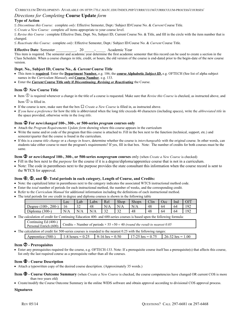 Directions for Completing Course Update Form