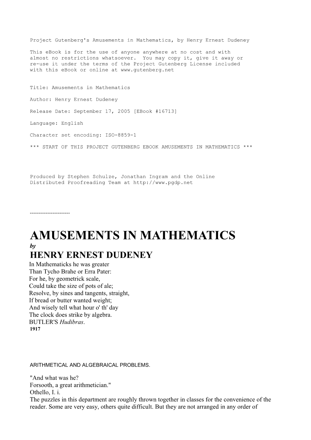 Project Gutenberg's Amusements in Mathematics, by Henry Ernest Dudeney
