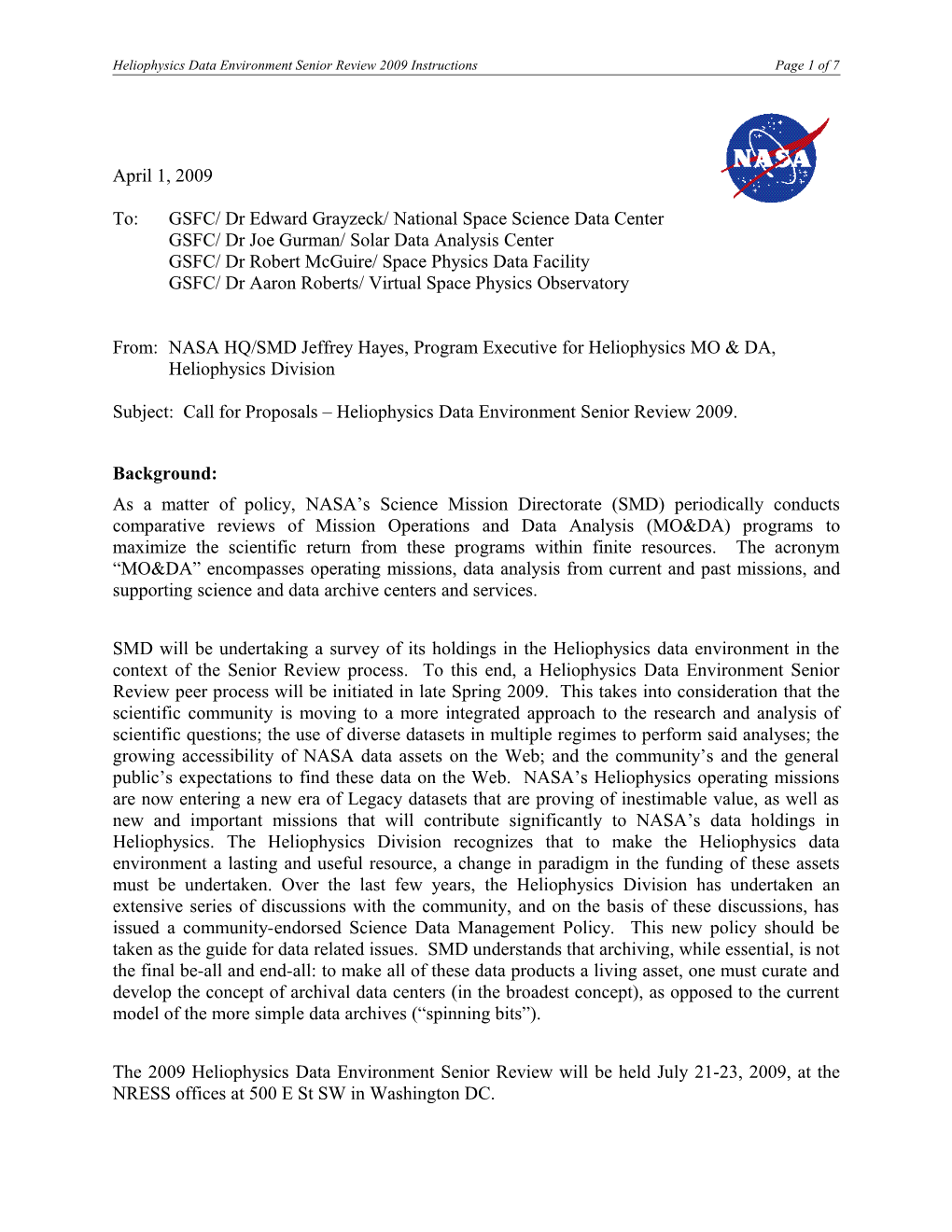Heliophysics Data Environment Senior Review 2009 Instructions Page 1 of 7