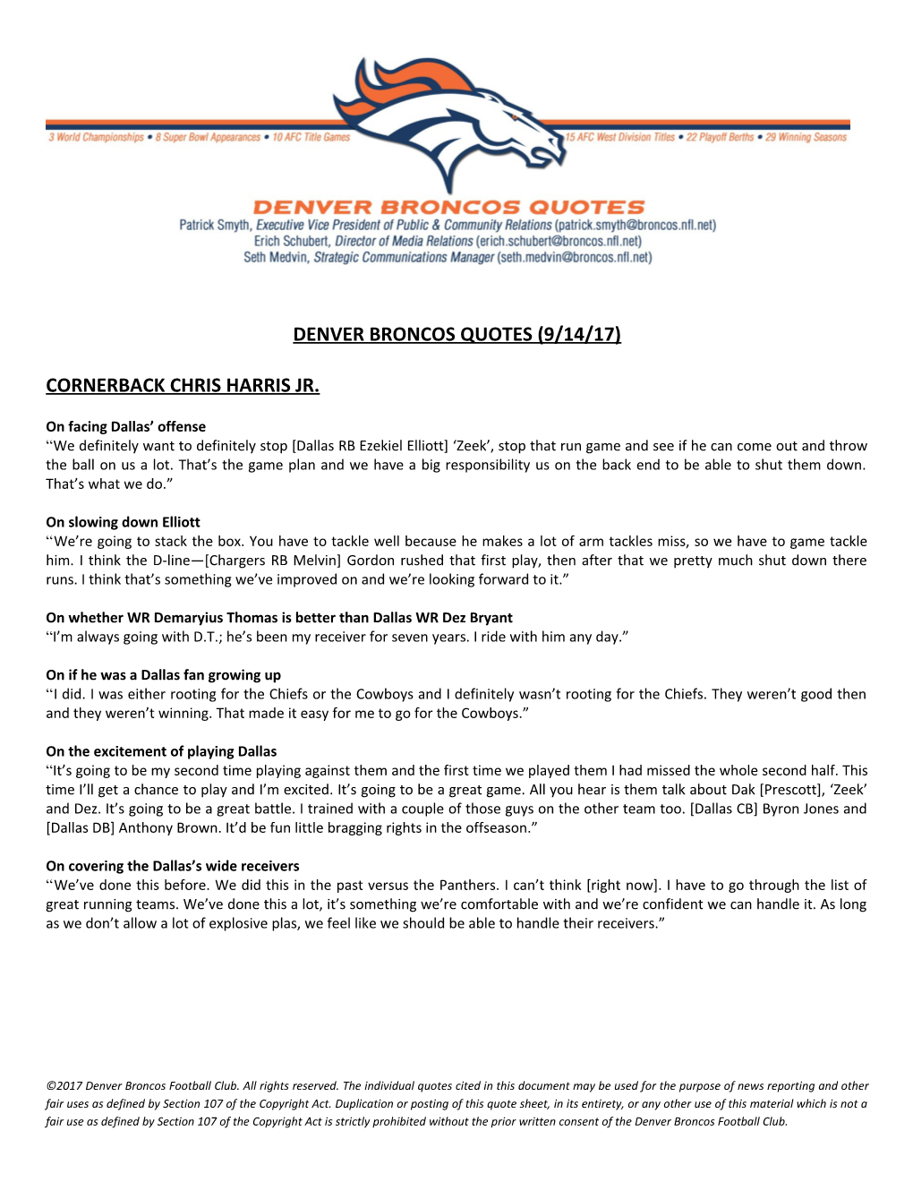 Denver Broncos Quotes (9/14/17)