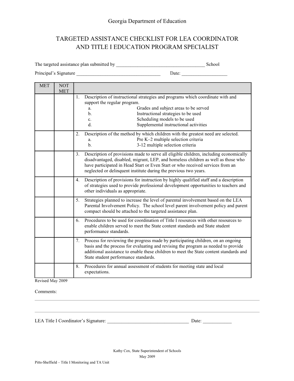 Targeted Assistance Checklist for LEA Coordinator