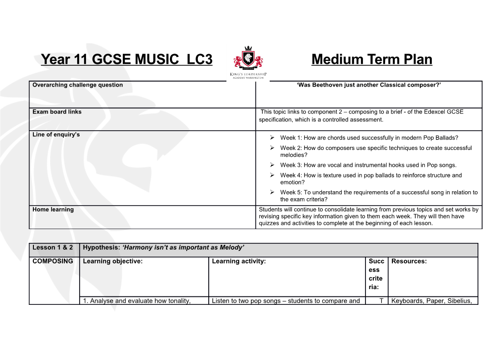 Year 11GCSE MUSIC LC3 Medium Term Plan