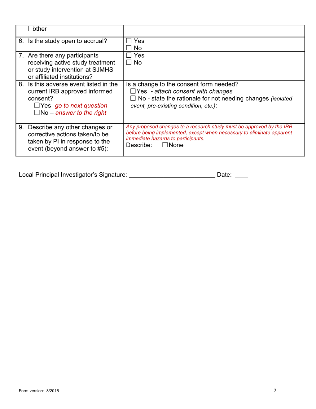 Internal Adverse Event and Unanticipated Problem Form