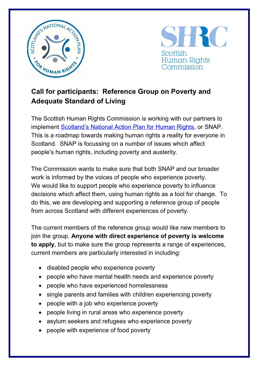 Call for Participants: Reference Group on Poverty and Adequate Standard of Living