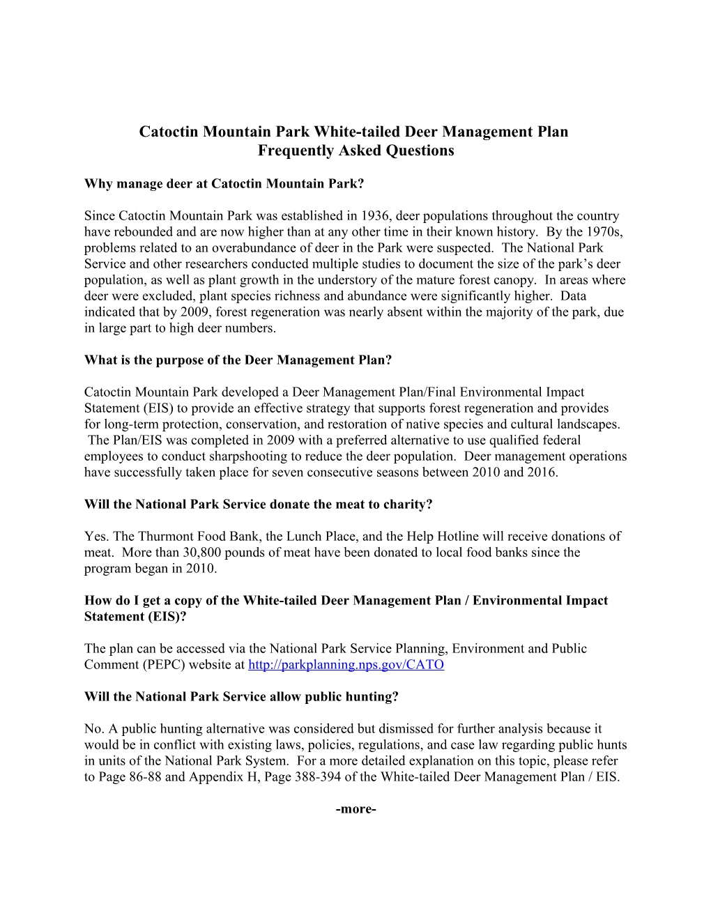 Catoctin Mountain Park White-Tailed Deer Management Plan