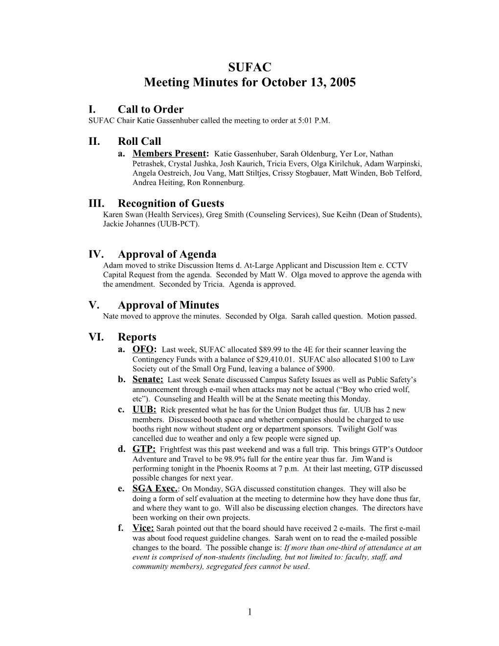 Meeting Minutes for October 13, 2005