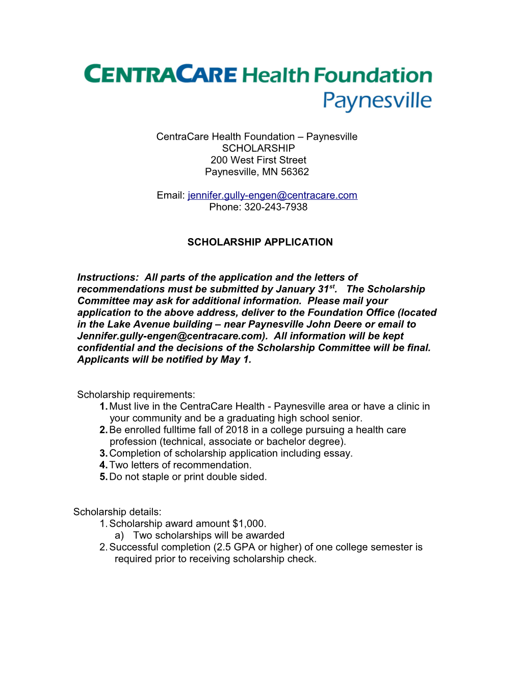 CCH Foundation - Paynesville Scholarship Application
