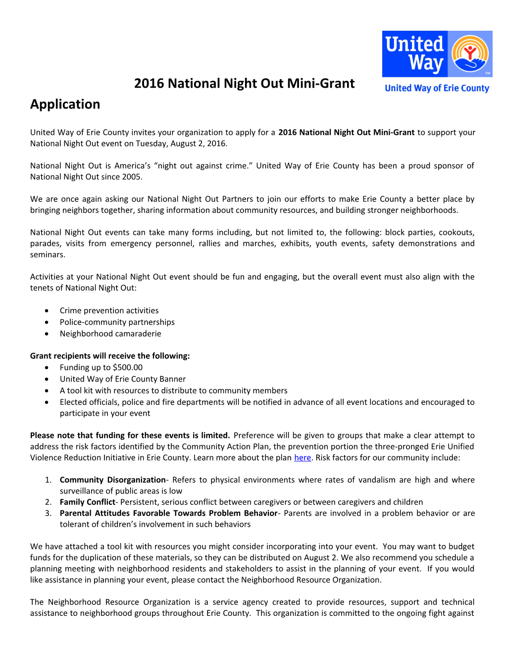 2016 National Night out Mini-Grant Application