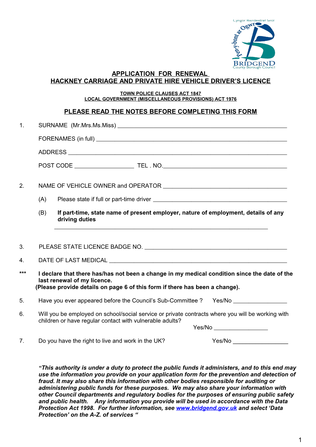 Application for Hackney Carriage and Private Hire Vehcile Driver S Licence