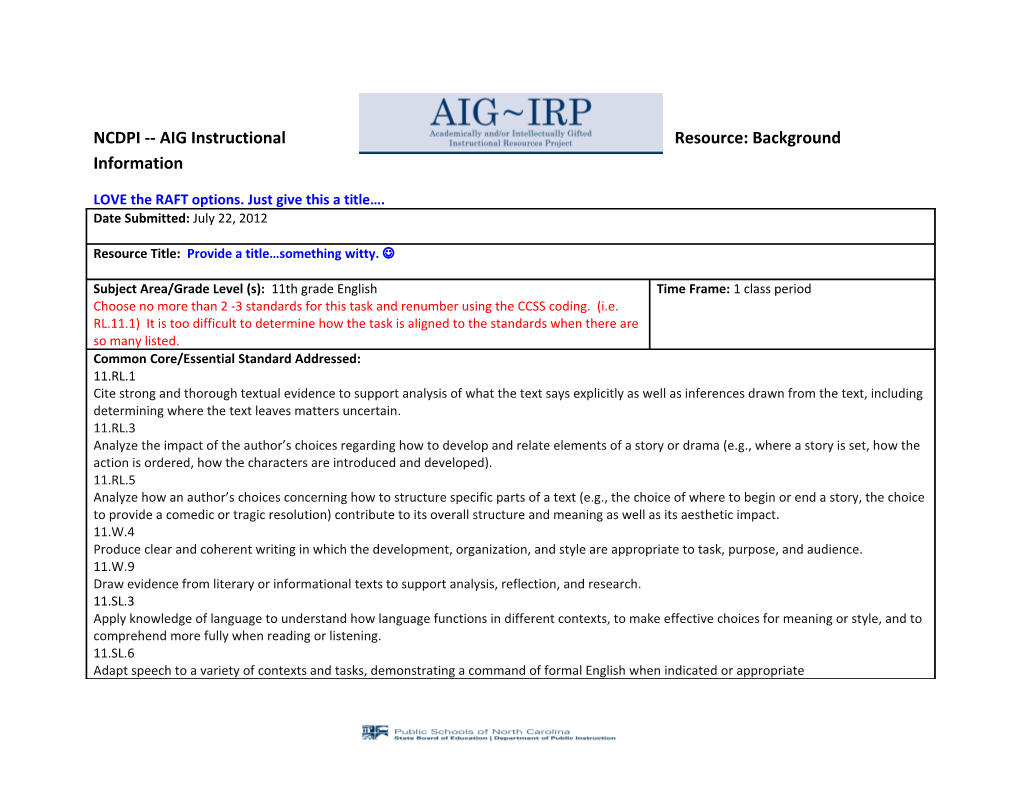 NCDPI AIG Instructional Resource: Background Information s11