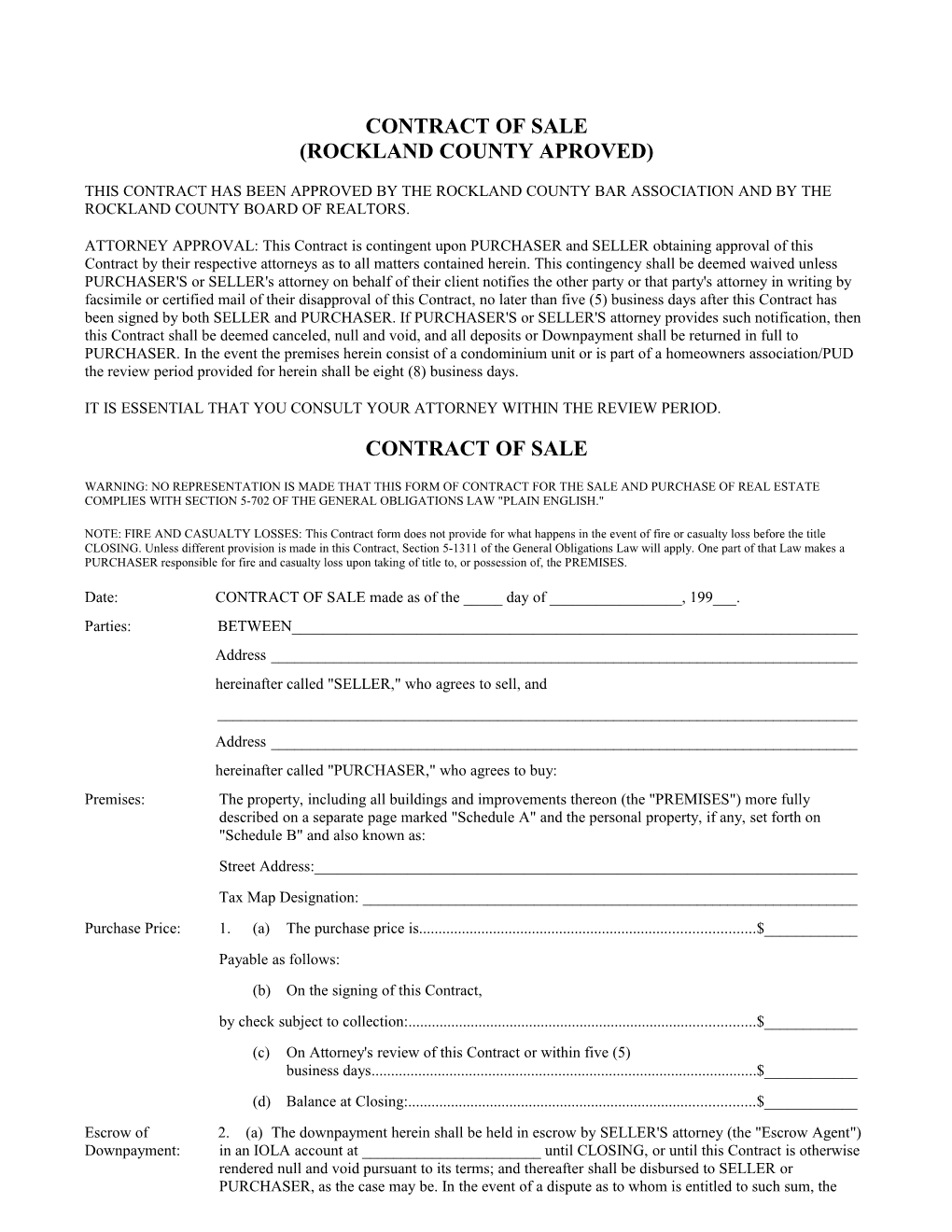 Contract of Sale(Rockland County Aproved)