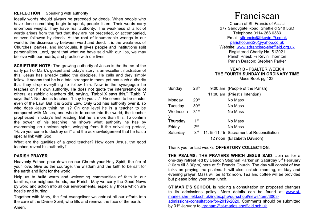 Franciscan Newsletter: the Fourth Sunday in Ordinary Time
