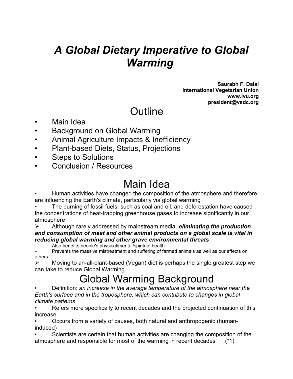 A Global Dietary Imperative to Global Warming