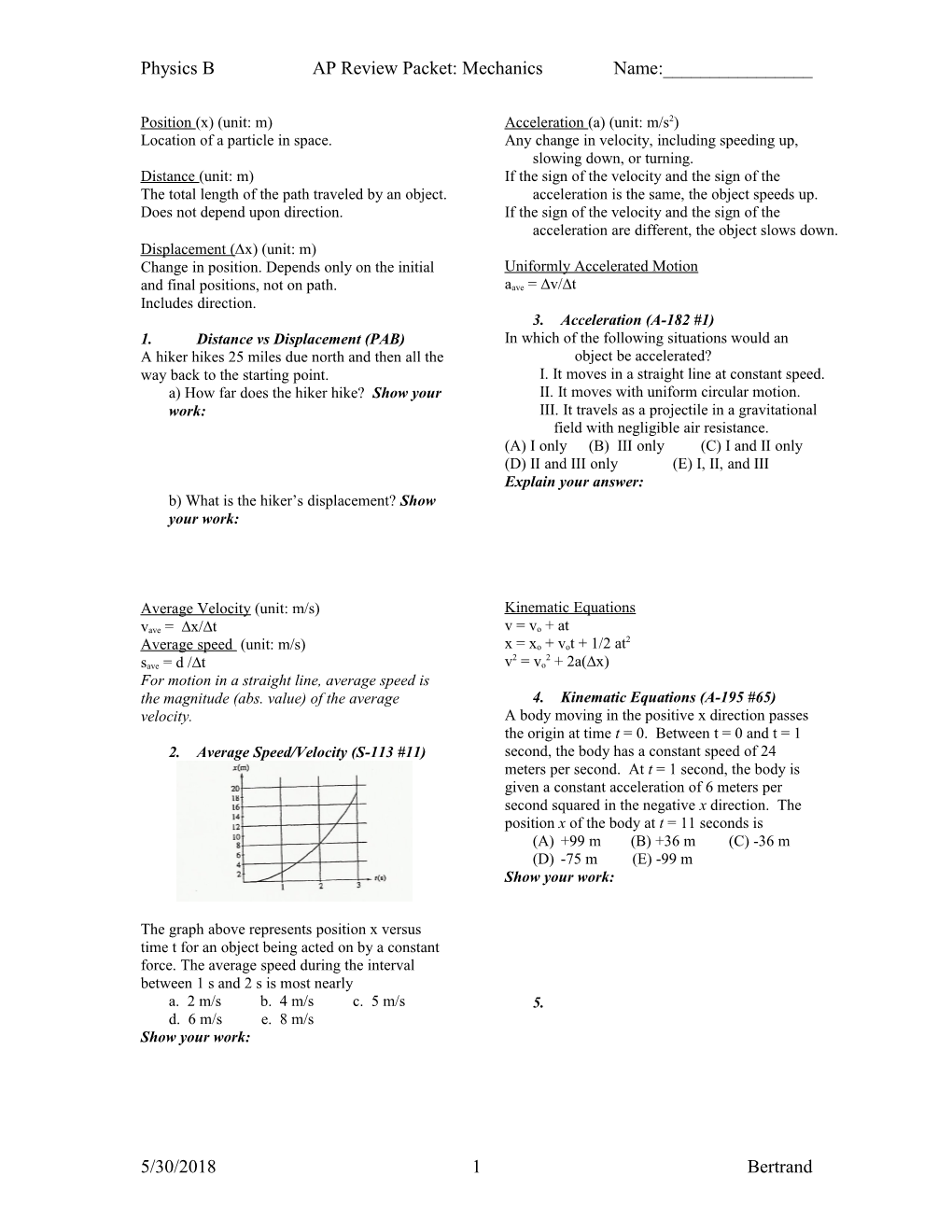 Physics B AP Review Packet: Mechanics