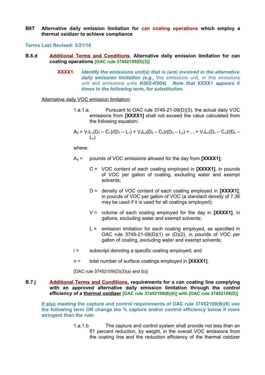 B8T Alternative Daily Emission Limitation for Can Coating Operations Which Employ a Thermal