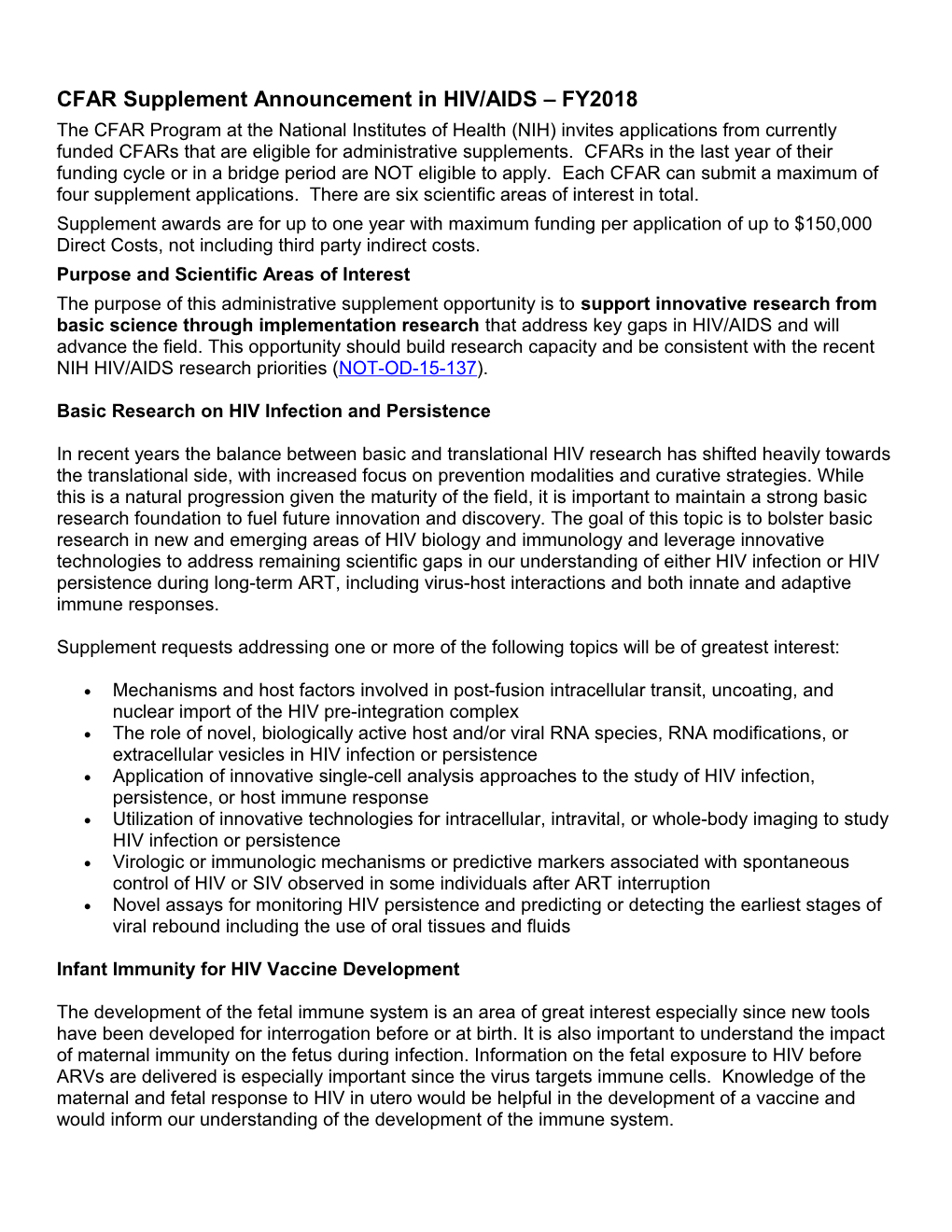 CFAR Supplement Announcement in HIV/AIDS FY2018