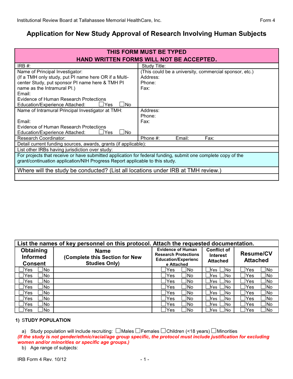 Form 4 Application for Approval of Research Involving Human Subjects