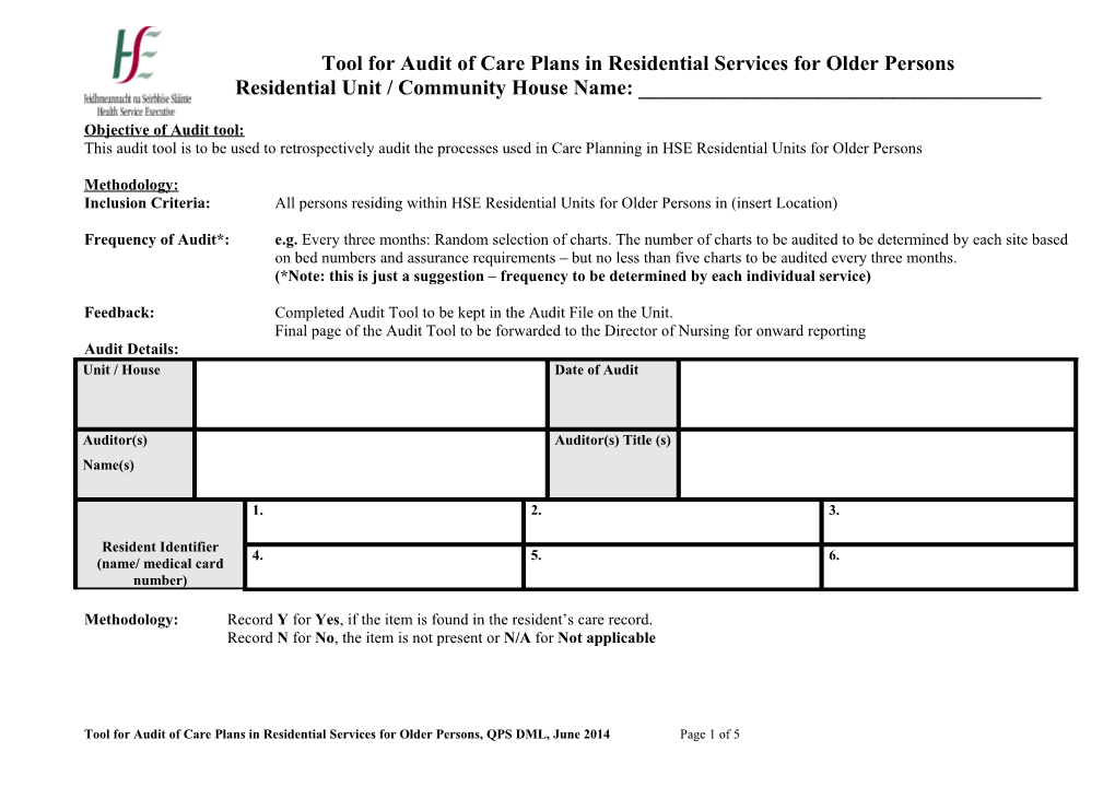 Audit Tool for Care Plan Audit Residential Care Units