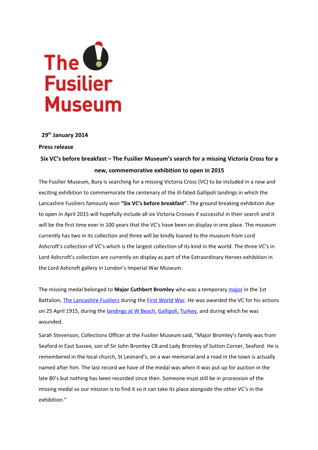 Six VC S Before Breakfast the Fusilier Museum S Search for a Missing Victoria Cross For
