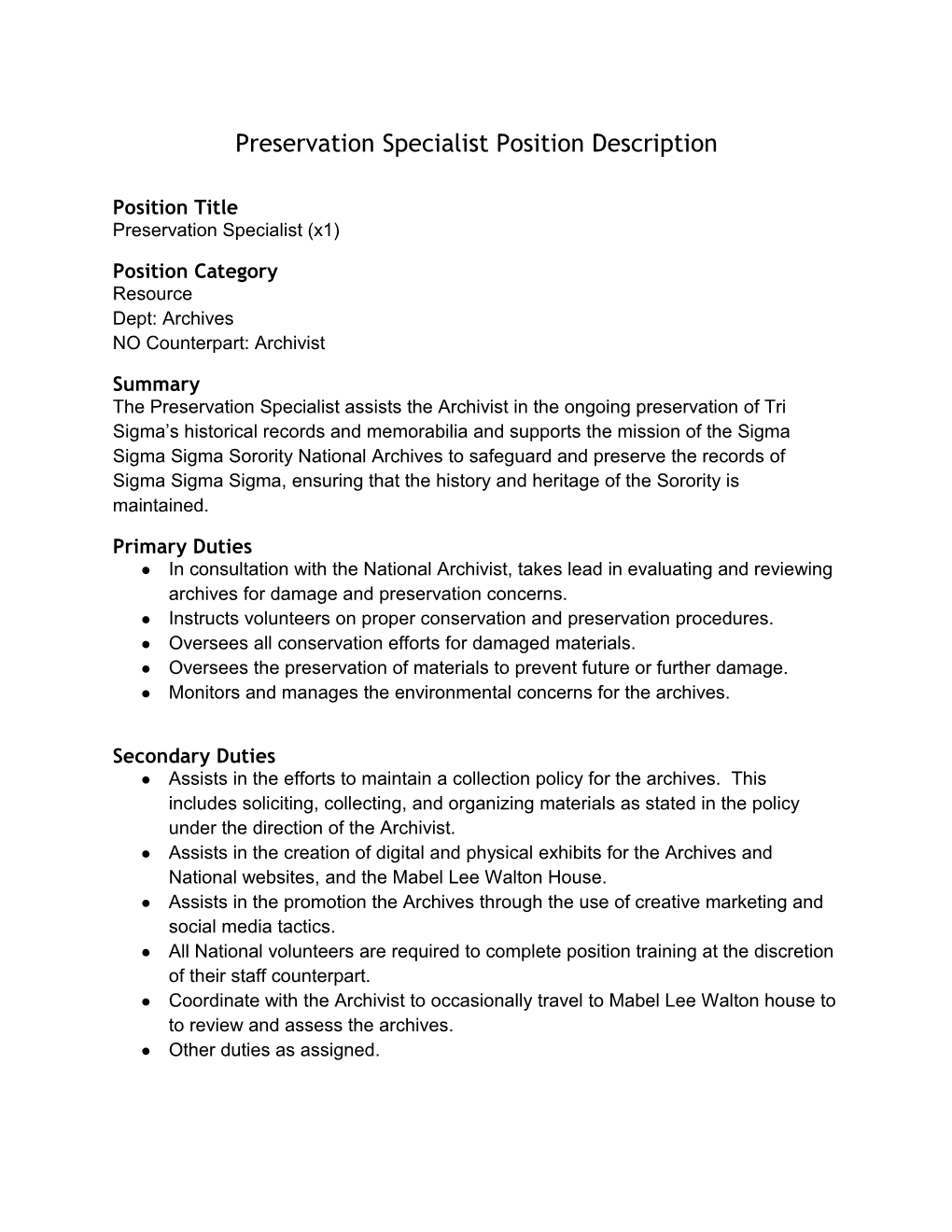 Preservation Specialist Position Description