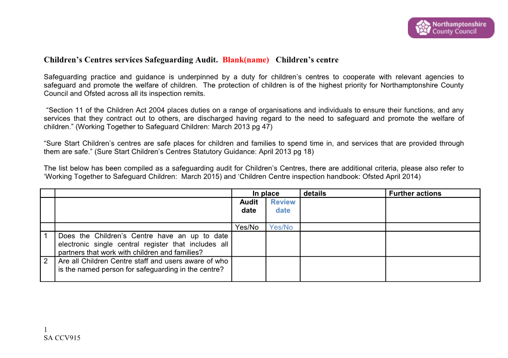 Children S Centresservices Safeguarding Audit. Blank(Name) Children S Centre