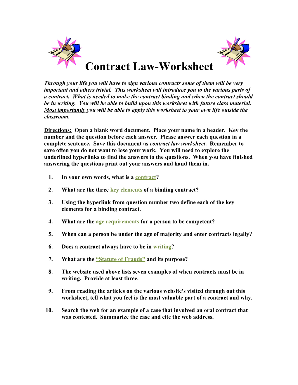 Contract Law-Worksheet