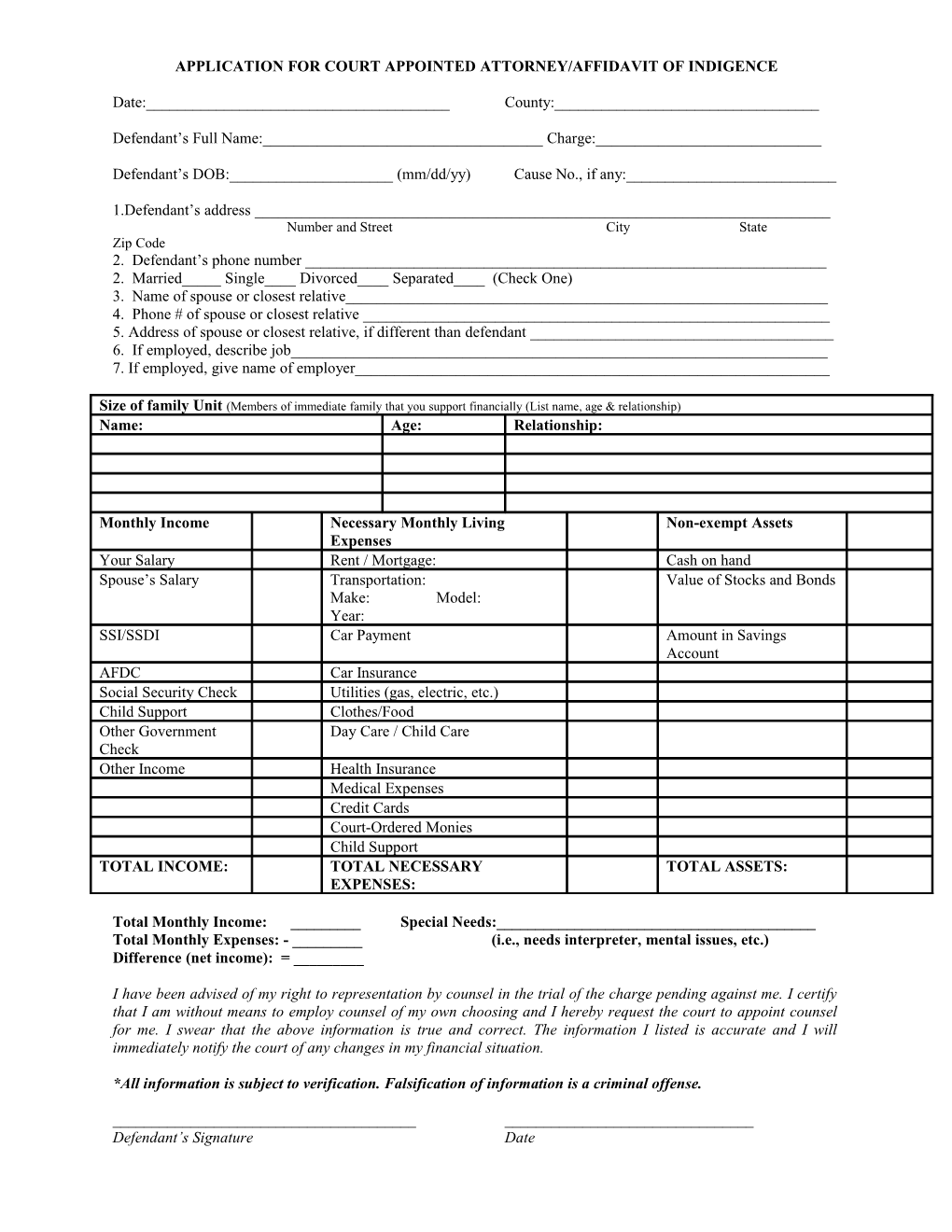 Application For Court Appointed Attorney