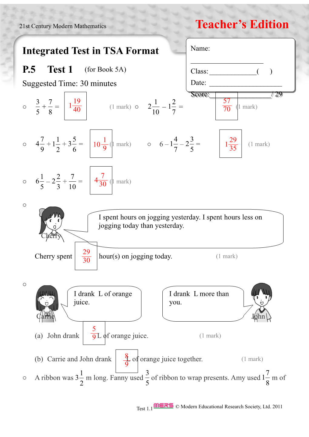 Integrated Test in TSA Format P.5 Test 1 Teacher's Edition