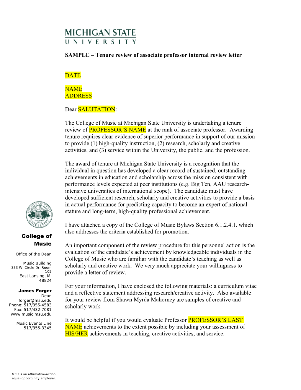 SAMPLE Tenure Review of Associate Professor Internal Review Letter
