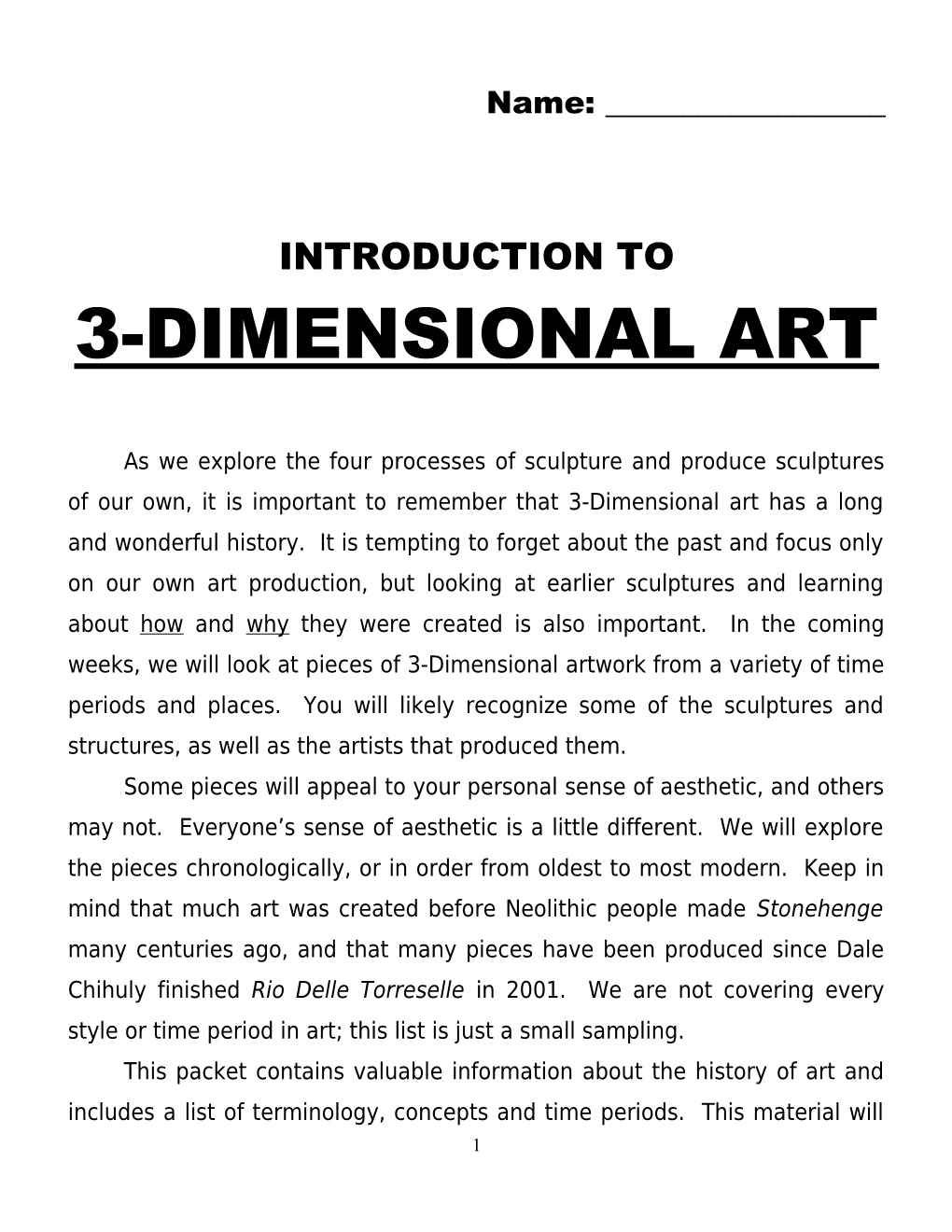 Introduction to 3-Dimensional Art