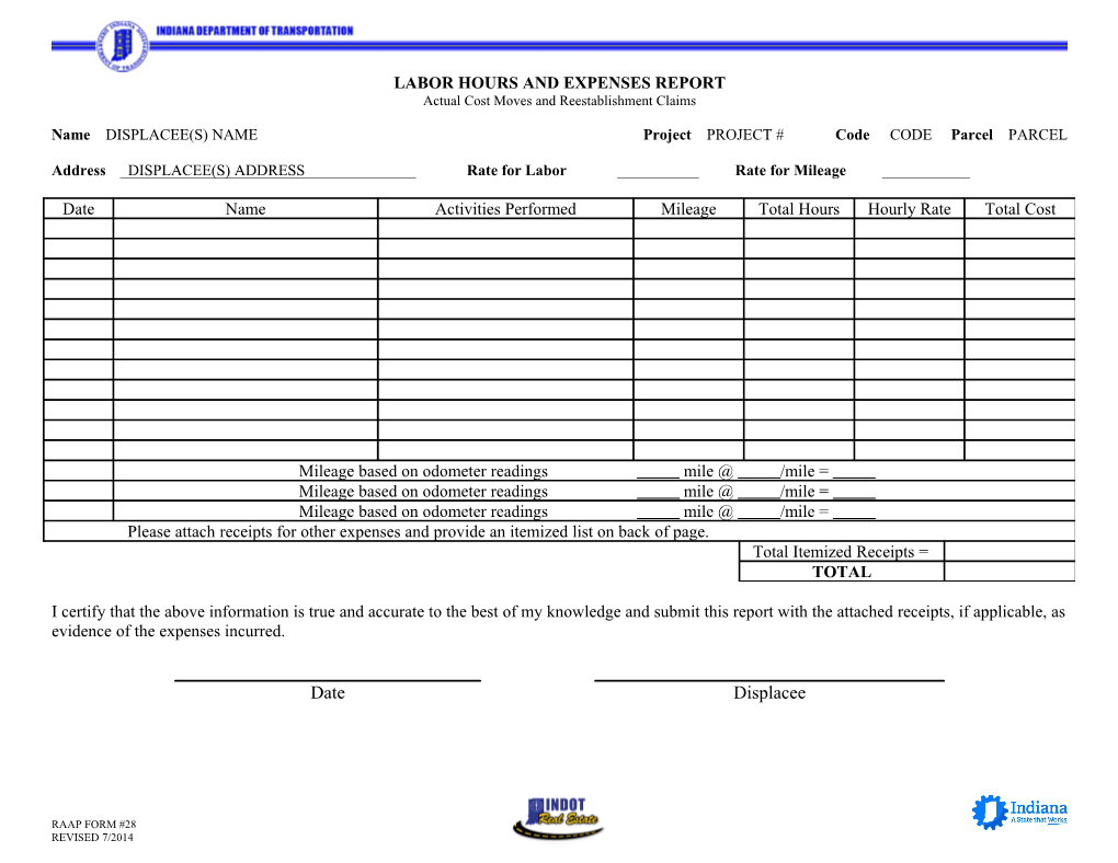 LABOR HOURS and EXPENSES REPORT Actual Cost Moves and Reestablishment Claims