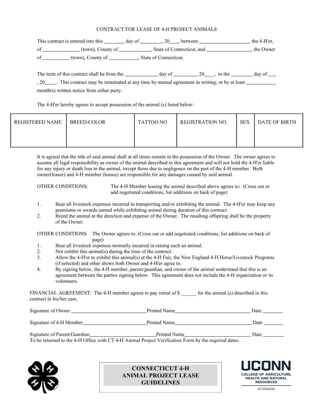 Contract for Lease of 4-H Project Animals