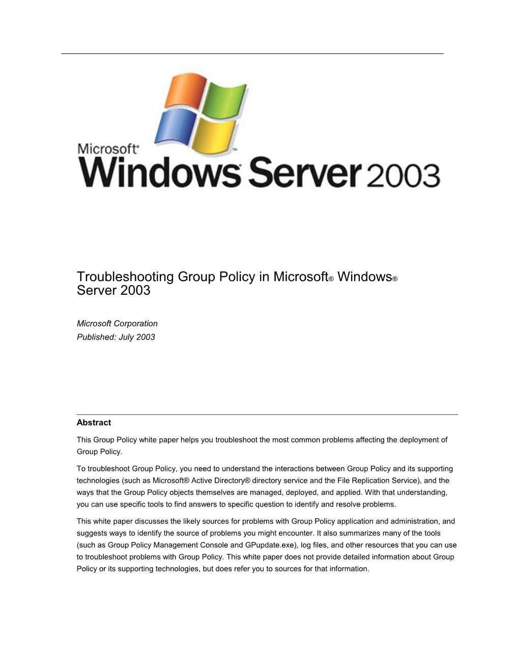 Troubleshooting Group Policy in Microsoft Windows Server 2003