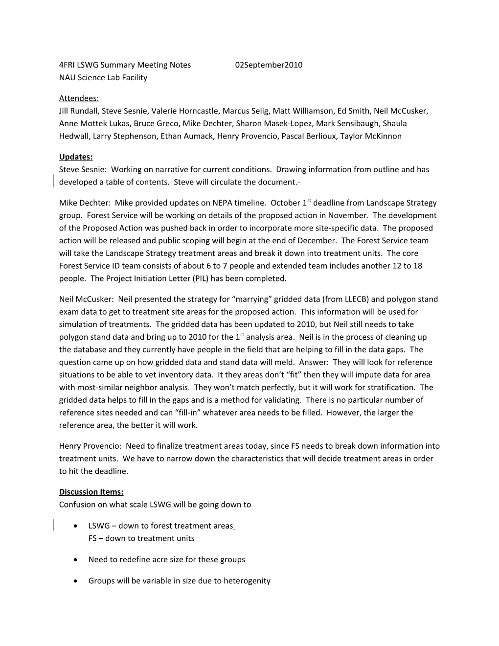 4FRI LSWG Summary Meeting Notes 02September2010 NAU Science Lab Facility