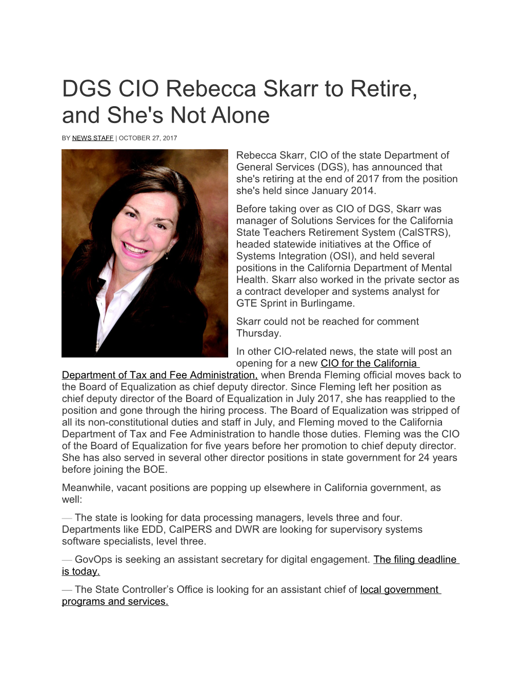 DGS CIO Rebecca Skarr to Retire, and She's Not Alone